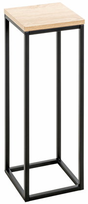 Moderner Beistelltisch mit Holzplatte und schwarzem Metallgestell, seitliche Perspektive
