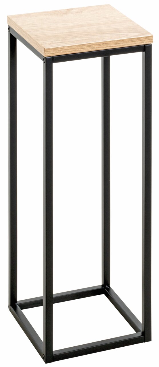 Moderner Beistelltisch mit Holzplatte und schwarzem Metallgestell, seitliche Perspektive