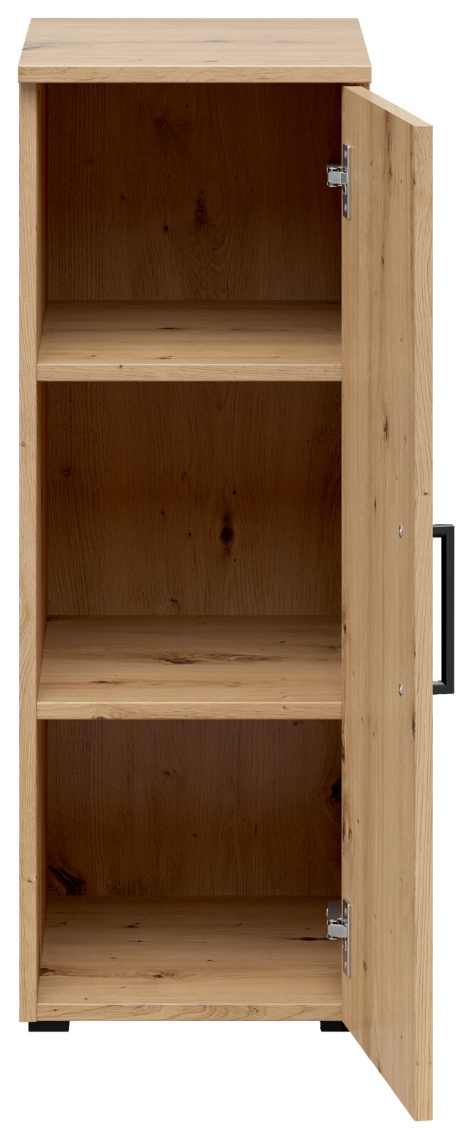 Mehrzweckschrank aus Holz mit geöffneter Tür, frontal betrachtet