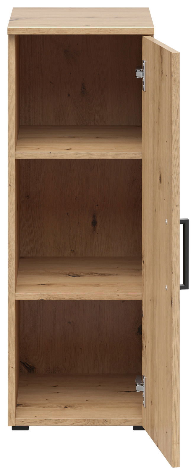 Mehrzweckschrank aus Holz mit geöffneter Tür, frontal betrachtet
