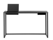 Moderne zwarte consoletafel of bureau met een minimalistisch ontwerp, hier van voren afgebeeld. De tafel heeft een strakke, rechthoekige vorm en is aan de linkerkant voorzien van een opklapbaar vak.