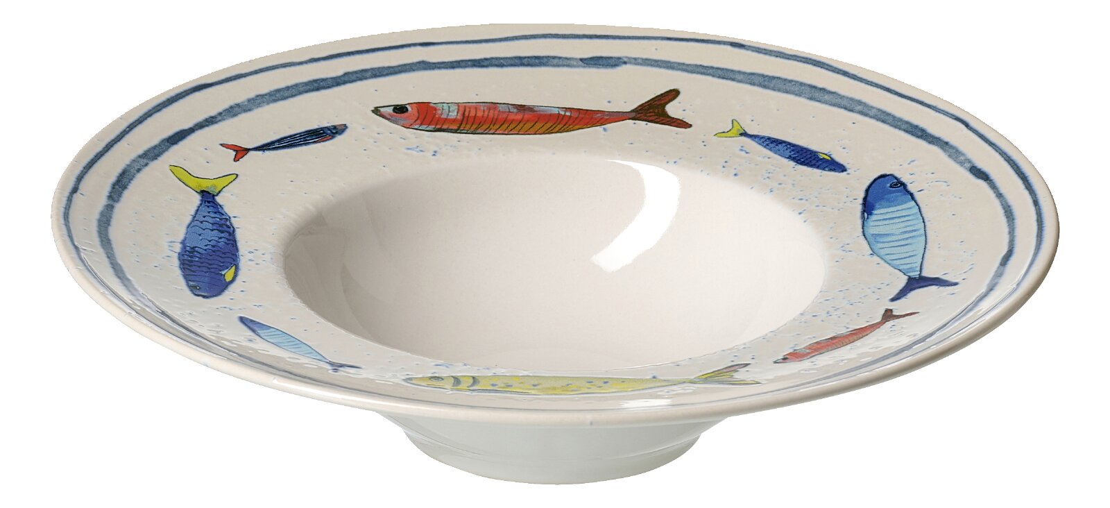 Ritzenhoff & Breker Gourmetteller MARO Ovale, cremeweiße Keramikschale mit farbenfrohem Fischdekor und blauen Randlinien, schräg von oben aus der Vorderansicht gezeigt