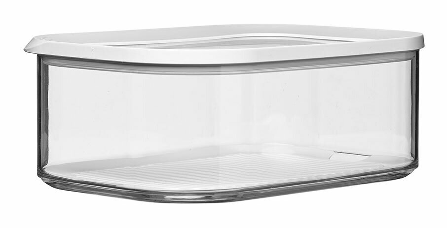 Transparente Kühlschrankdose mit weißem Deckel, seitliche Perspektive