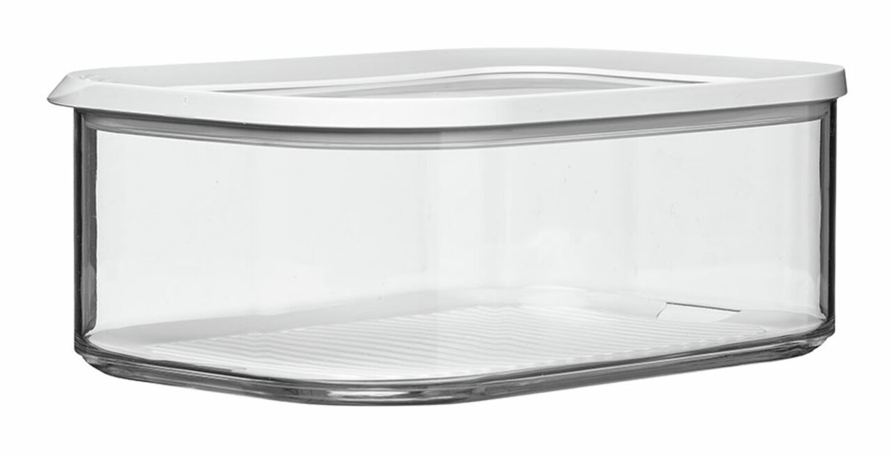 Transparente Kühlschrankdose mit weißem Deckel, seitliche Perspektive