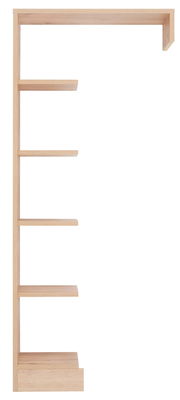 Seitenansicht eines hölzernen Anstellregals mit mehreren Regalböden.