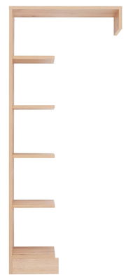 Seitenansicht eines hölzernen Anstellregals mit mehreren Regalböden.