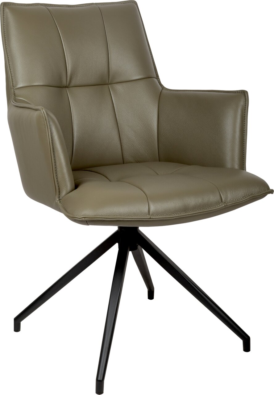 Gepolsterter Drehstuhl mit Armlehnen in Taupe/Olive, gesteppter Lederoptik und schwarzem Metall-Sternfuß, freigestellt auf weißem Hintergrund, Ansicht schräg von vorne