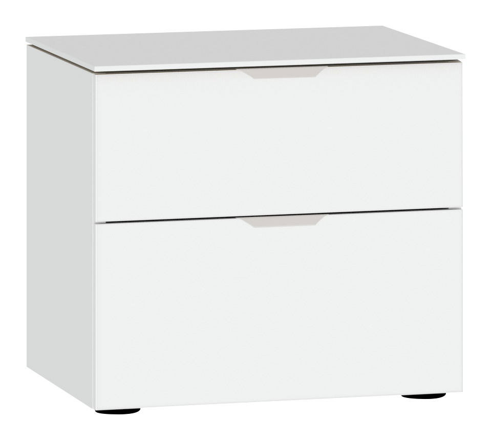 Weiße Nachtkommode mit zwei Schubladen, frontale Perspektive