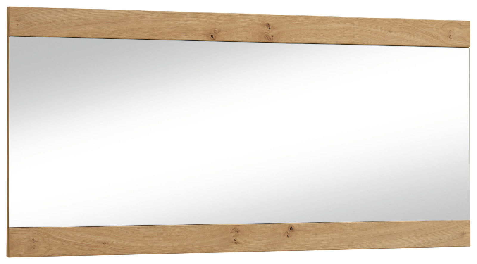 Großer rechteckiger Spiegel mit Holzrahmen, perspektivisch von vorne fotografiert.