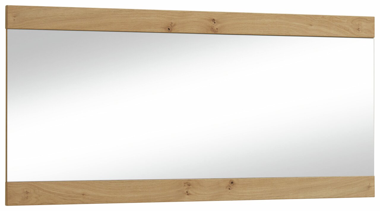 Großer rechteckiger Spiegel mit Holzrahmen, perspektivisch von vorne fotografiert.