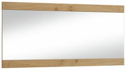 Großer rechteckiger Spiegel mit Holzrahmen, perspektivisch von vorne fotografiert.