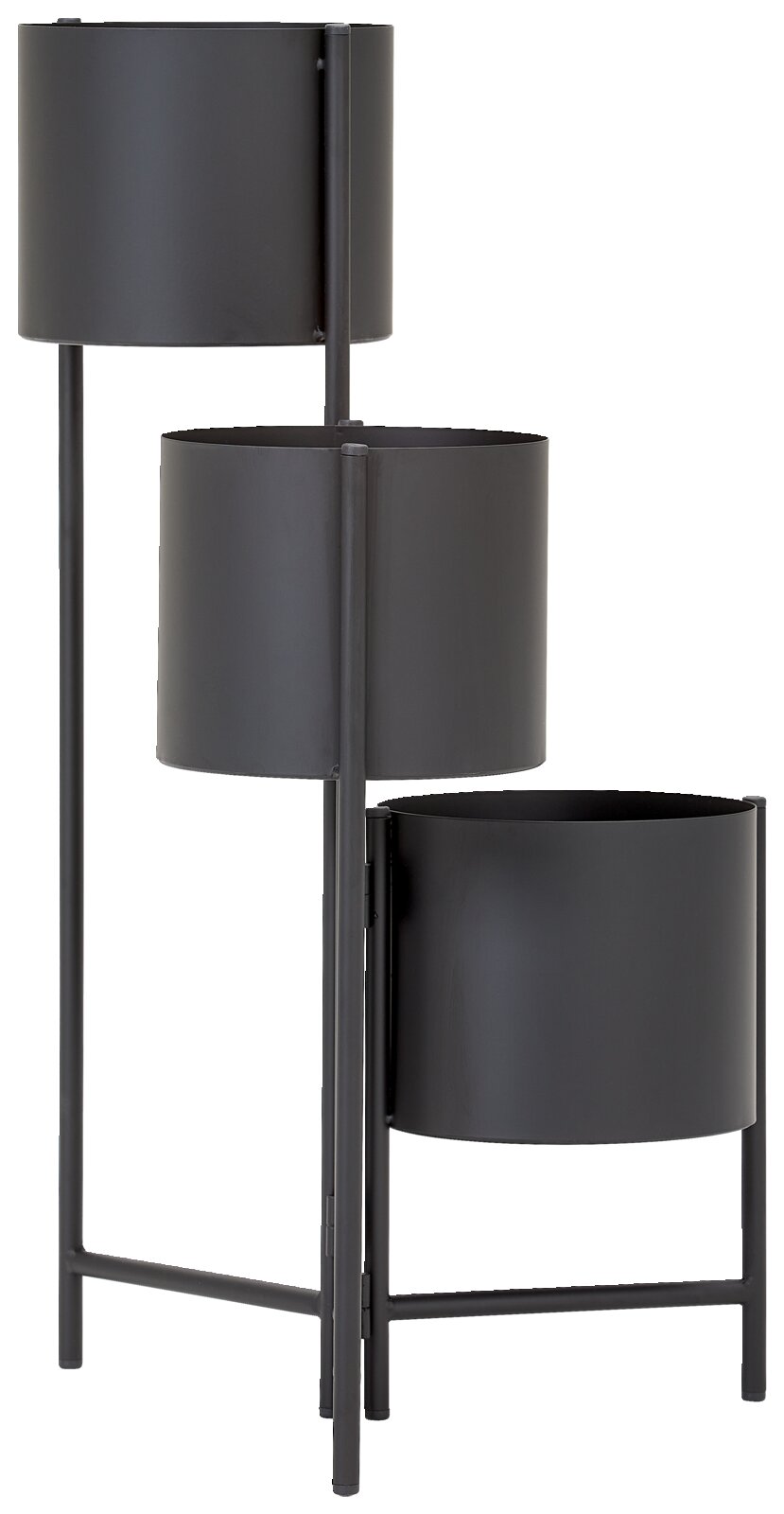 Schwarze Blumensäule mit drei unterschiedlich hohen Pflanzgefäßen, seitliche Perspektive