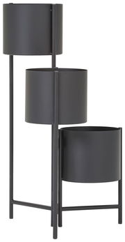 Schwarze Blumensäule mit drei unterschiedlich hohen Pflanzgefäßen, seitliche Perspektive