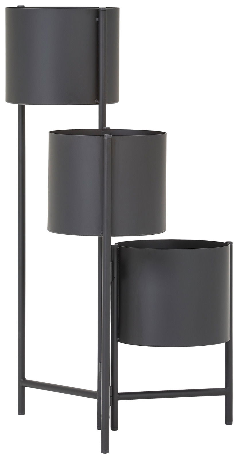 Schwarze Blumensäule mit drei unterschiedlich hohen Pflanzgefäßen, seitliche Perspektive