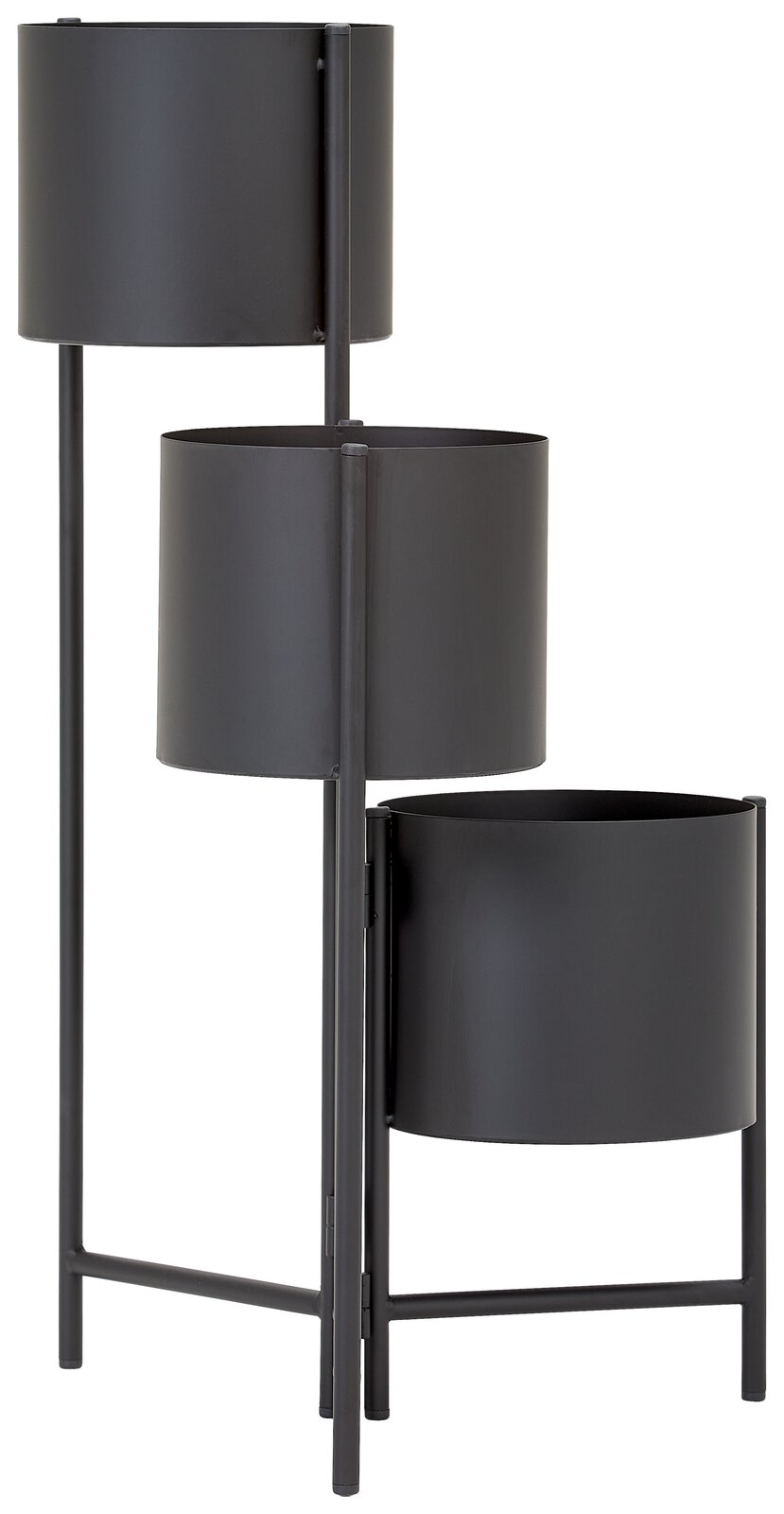 Schwarze Blumensäule mit drei unterschiedlich hohen Pflanzgefäßen, seitliche Perspektive