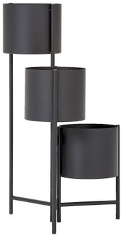 Schwarze Blumensäule mit drei unterschiedlich hohen Pflanzgefäßen, seitliche Perspektive