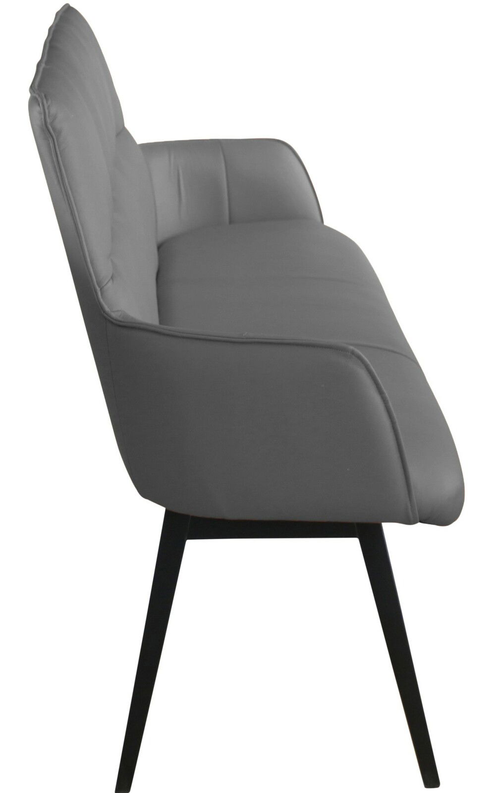 Seitenansicht einer grauen Bank mit schwarzem Metallgestell, geeignet für moderne Wohnräume.