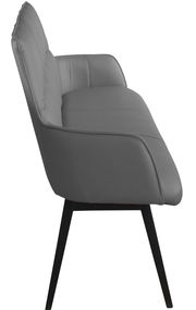 Seitenansicht einer grauen Bank mit schwarzem Metallgestell, geeignet für moderne Wohnräume.