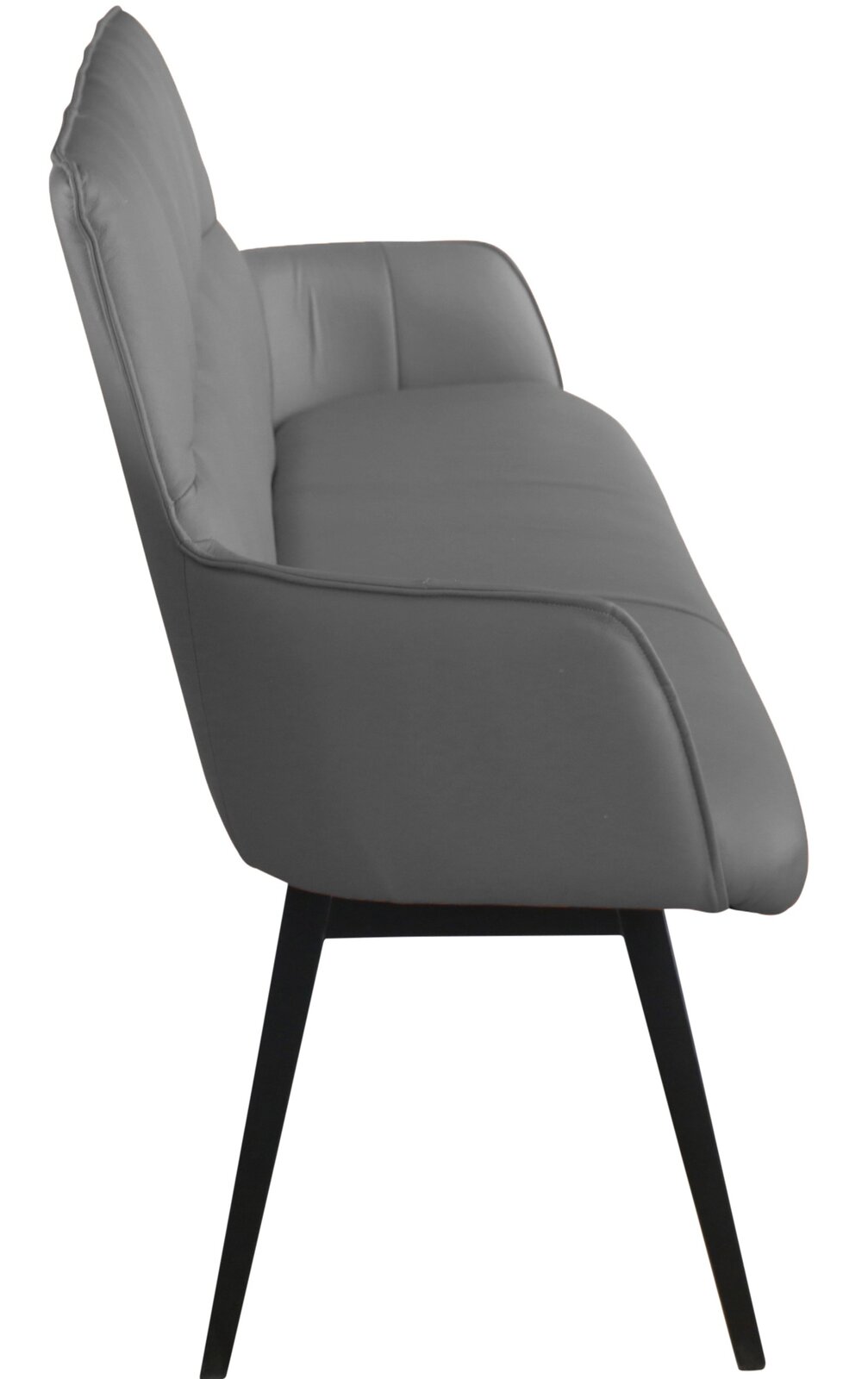 Seitenansicht einer grauen Bank mit schwarzem Metallgestell, geeignet für moderne Wohnräume.