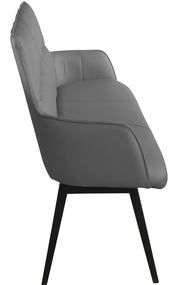 Seitenansicht einer grauen Bank mit schwarzem Metallgestell, geeignet für moderne Wohnräume.