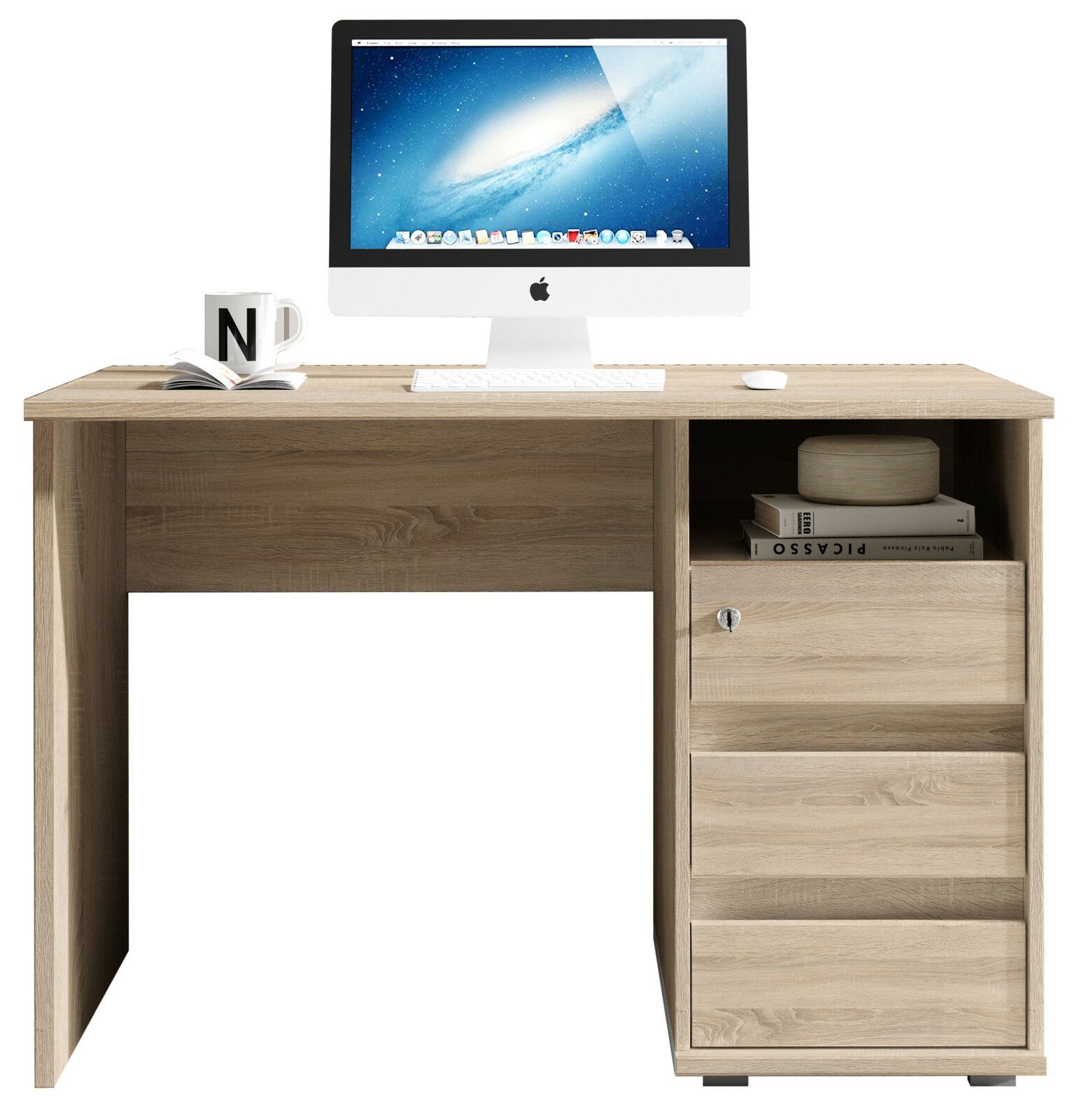 Moderner Schreibtisch aus Holz mit Schubladen und Regal, frontal abgebildet, mit Computer und Tasse darauf.