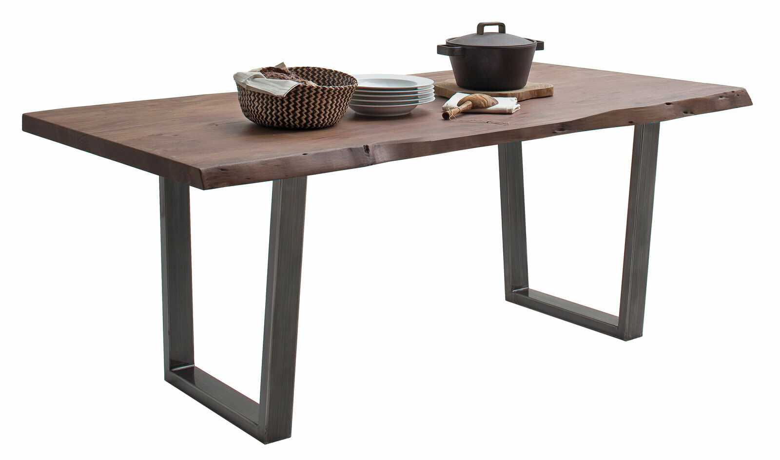 Moderner Esstisch aus Holz mit natürlicher Kante und Metallbeinen, seitliche Perspektive