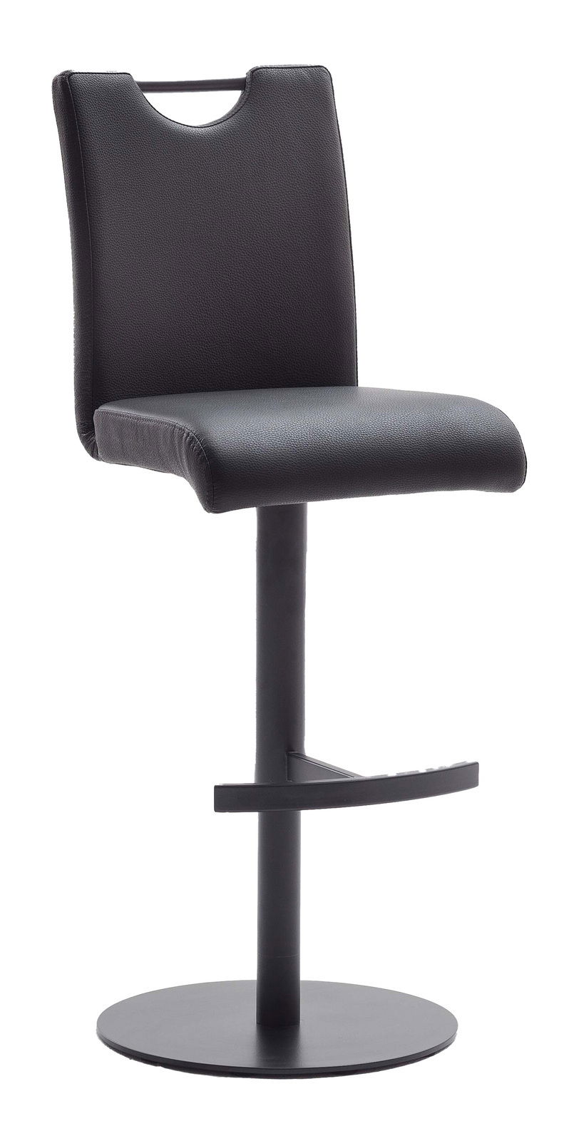 Moderner schwarzer Barhocker mit Rückenlehne und Fußstütze, seitliche Perspektive
