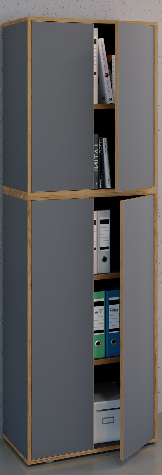 Hoher Aktenschrank/Regalschrank in Holzoptik mit grauen Fronten, teils geöffnet mit sichtbaren Ordnern und Büchern, Perspektive: frontale leicht seitliche Ansicht
