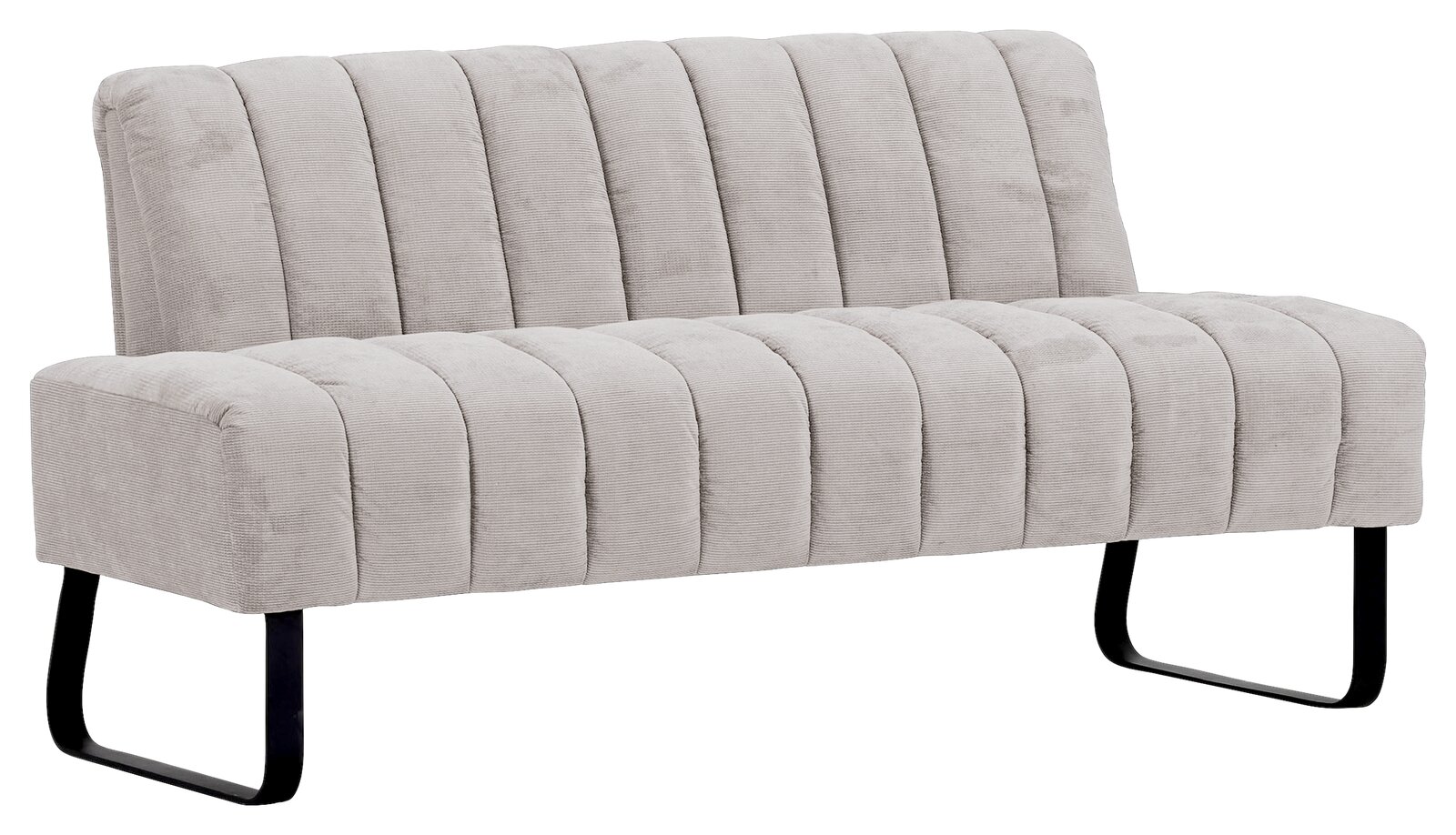 Novel 2,5er-Sitzbank LAILA Graue 2,5er-Sitzbank mit vertikaler Steppung und schwarzen Metallbeinen, seitliche Perspektive