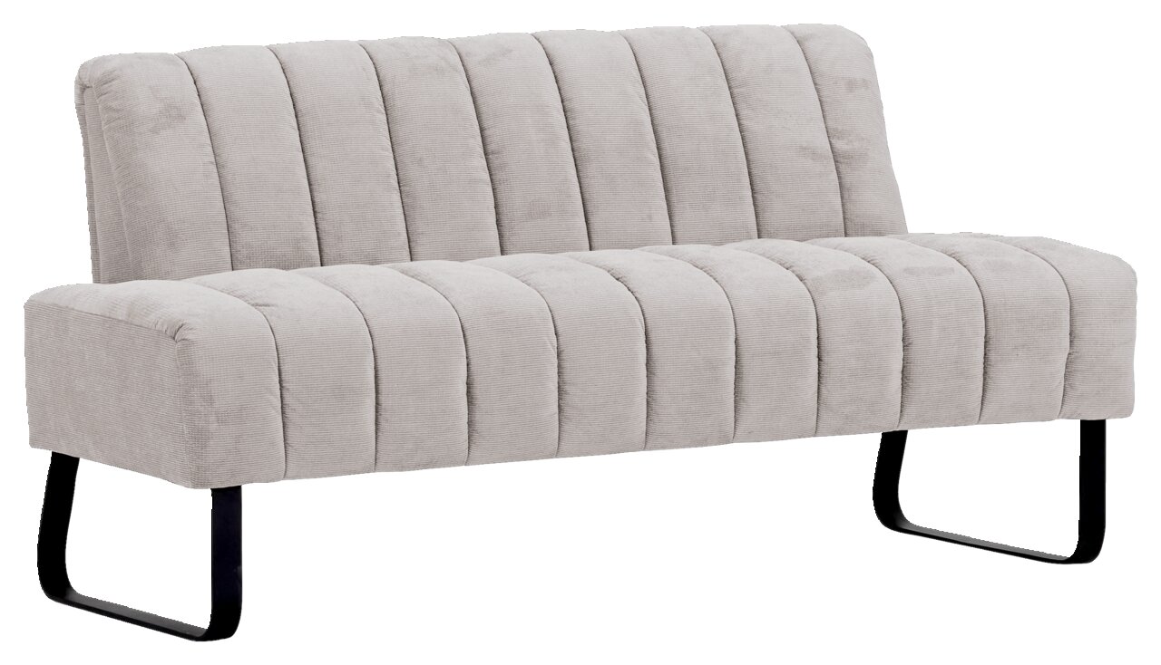 Novel 2,5er-Sitzbank LAILA Graue 2,5er-Sitzbank mit vertikaler Steppung und schwarzen Metallbeinen, seitliche Perspektive