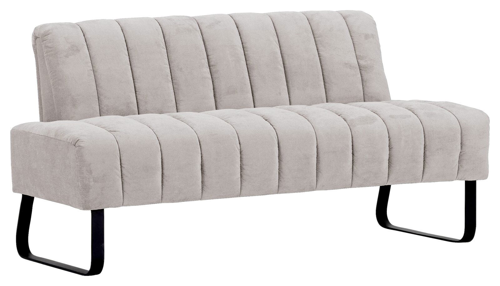 Graue 2,5er-Sitzbank mit vertikaler Steppung und schwarzen Metallbeinen, seitliche Perspektive