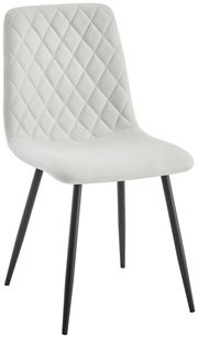 Moderner Stuhl mit gesteppter Rückenlehne und schwarzen Metallbeinen, seitliche Perspektive