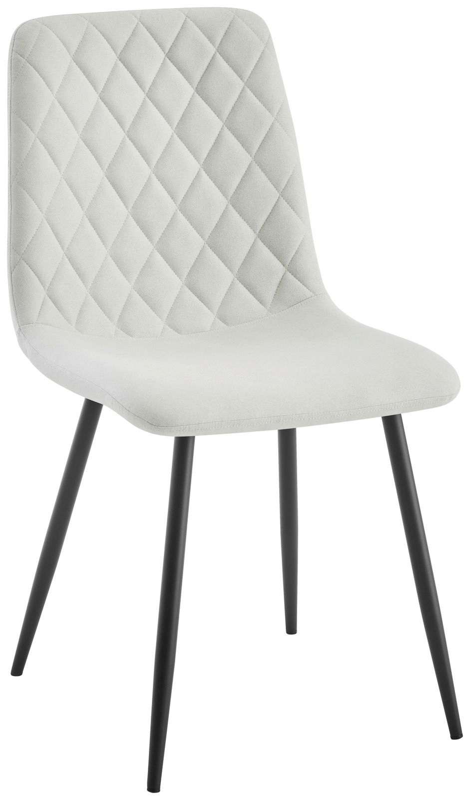 Moderner Stuhl mit gesteppter Rückenlehne und schwarzen Metallbeinen, seitliche Perspektive