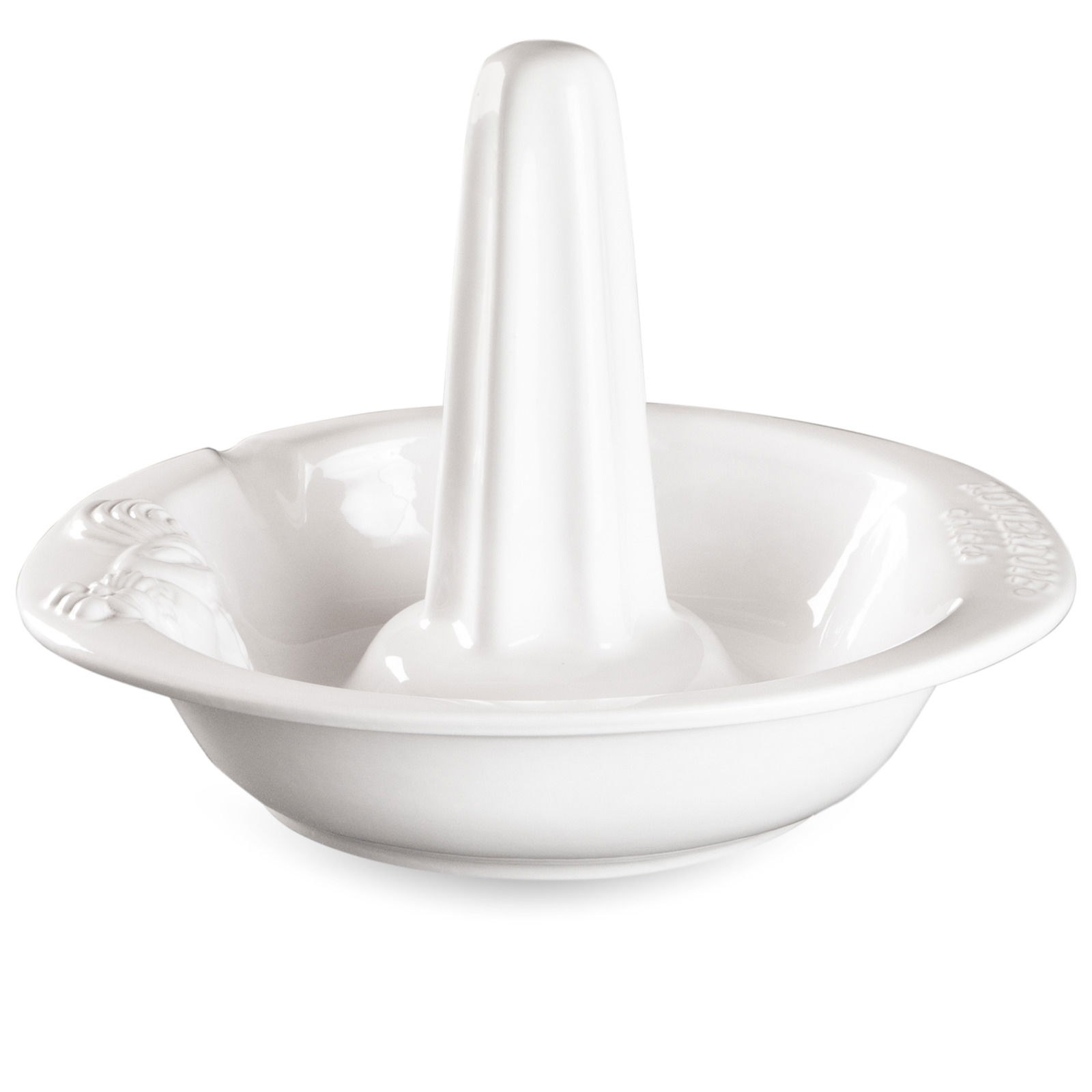 Weißer Hähnchenbräter aus Keramik, seitliche Perspektive