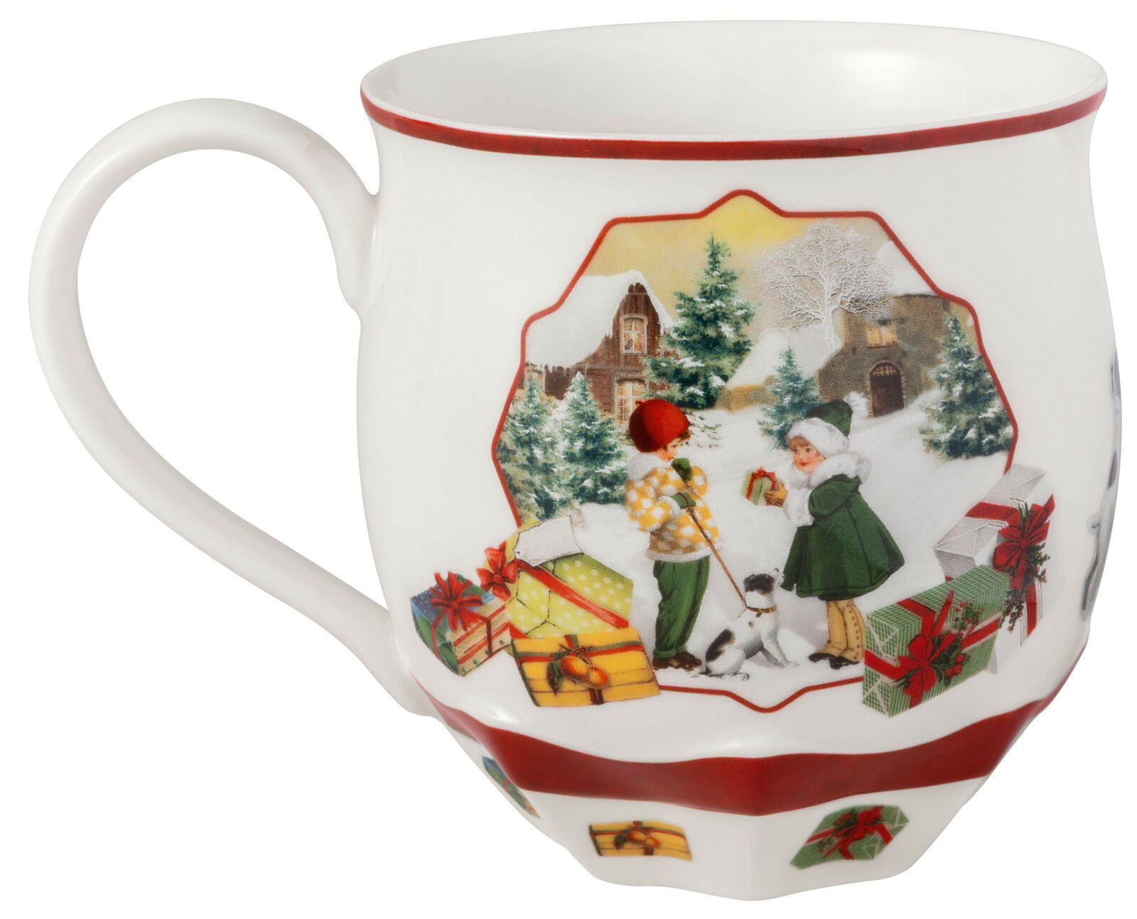 Weihnachtlicher Becher mit nostalgischem Wintermotiv, seitliche Perspektive