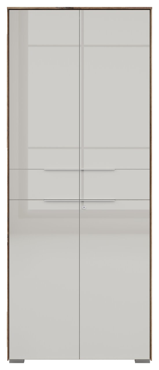 Frontansicht eines 2-türigen Aktenschranks von Voleo, Modell NEVADA, mit glatter, moderner Oberfläche und silbernen Griffen.