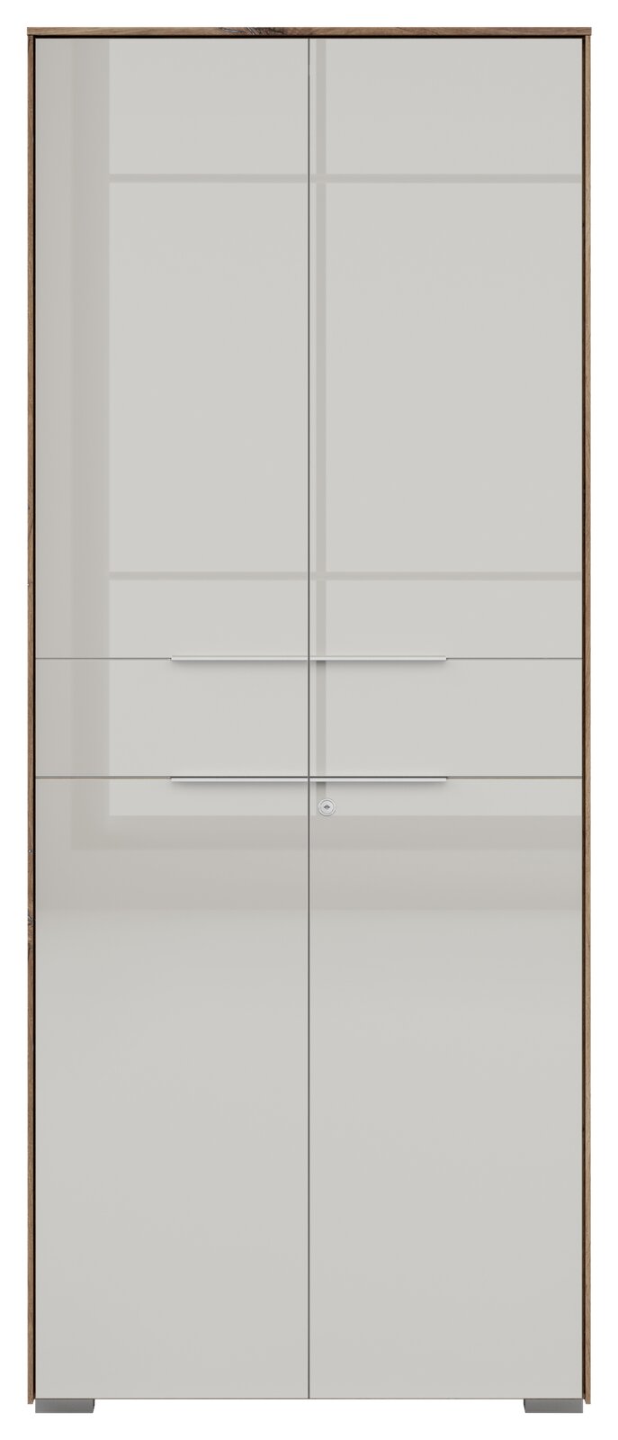 Frontansicht eines 2-türigen Aktenschranks von Voleo, Modell NEVADA, mit glatter, moderner Oberfläche und silbernen Griffen.