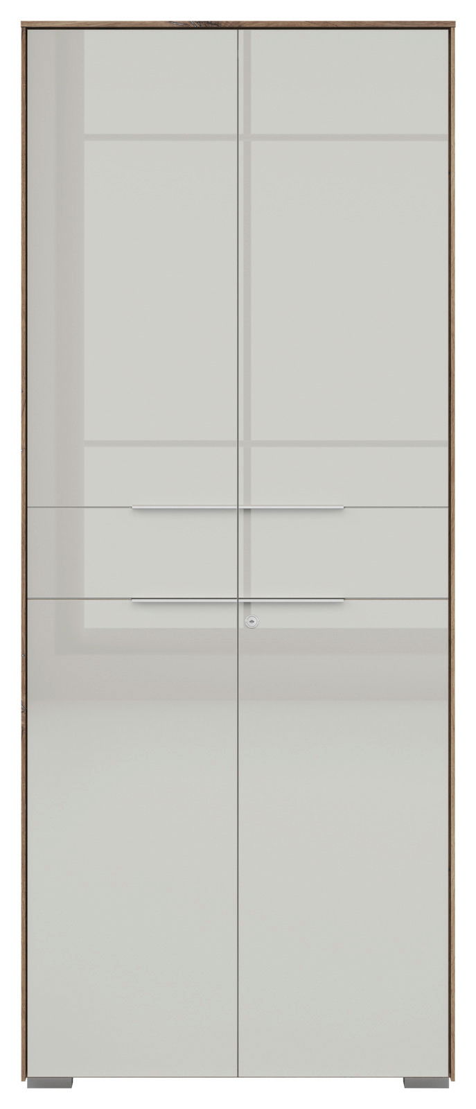 Frontansicht eines 2-türigen Aktenschranks von Voleo, Modell NEVADA, mit glatter, moderner Oberfläche und silbernen Griffen.