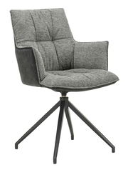 Grauer Sessel mit gepolstertem Sitz und Rückenlehne, schwarzem Metallgestell und seitlicher Perspektive.