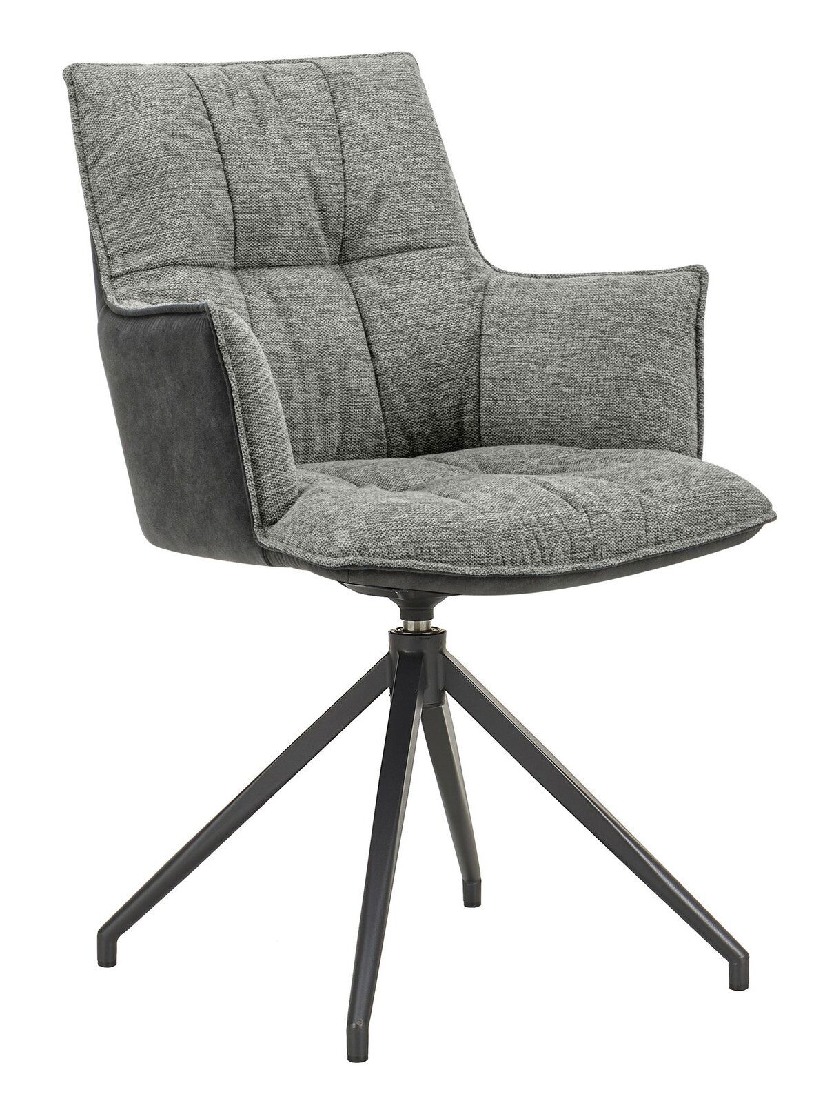 Grauer Sessel mit gepolstertem Sitz und Rückenlehne, schwarzem Metallgestell und seitlicher Perspektive.