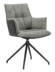 Grauer Sessel mit gepolstertem Sitz und Rückenlehne, schwarzem Metallgestell und seitlicher Perspektive.