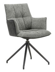 Grauer Sessel mit gepolstertem Sitz und Rückenlehne, schwarzem Metallgestell und seitlicher Perspektive.