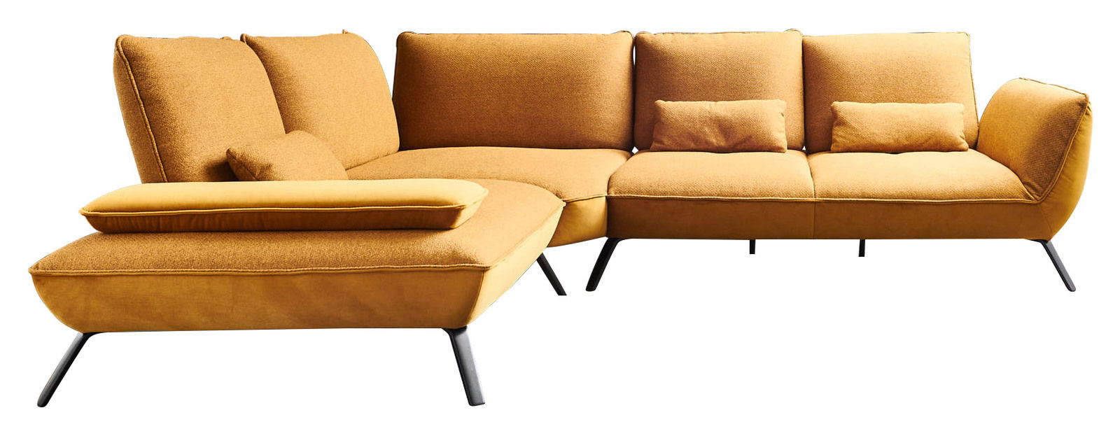 Eckgarnitur in senfgelber Farbe, moderne Perspektive von vorne links