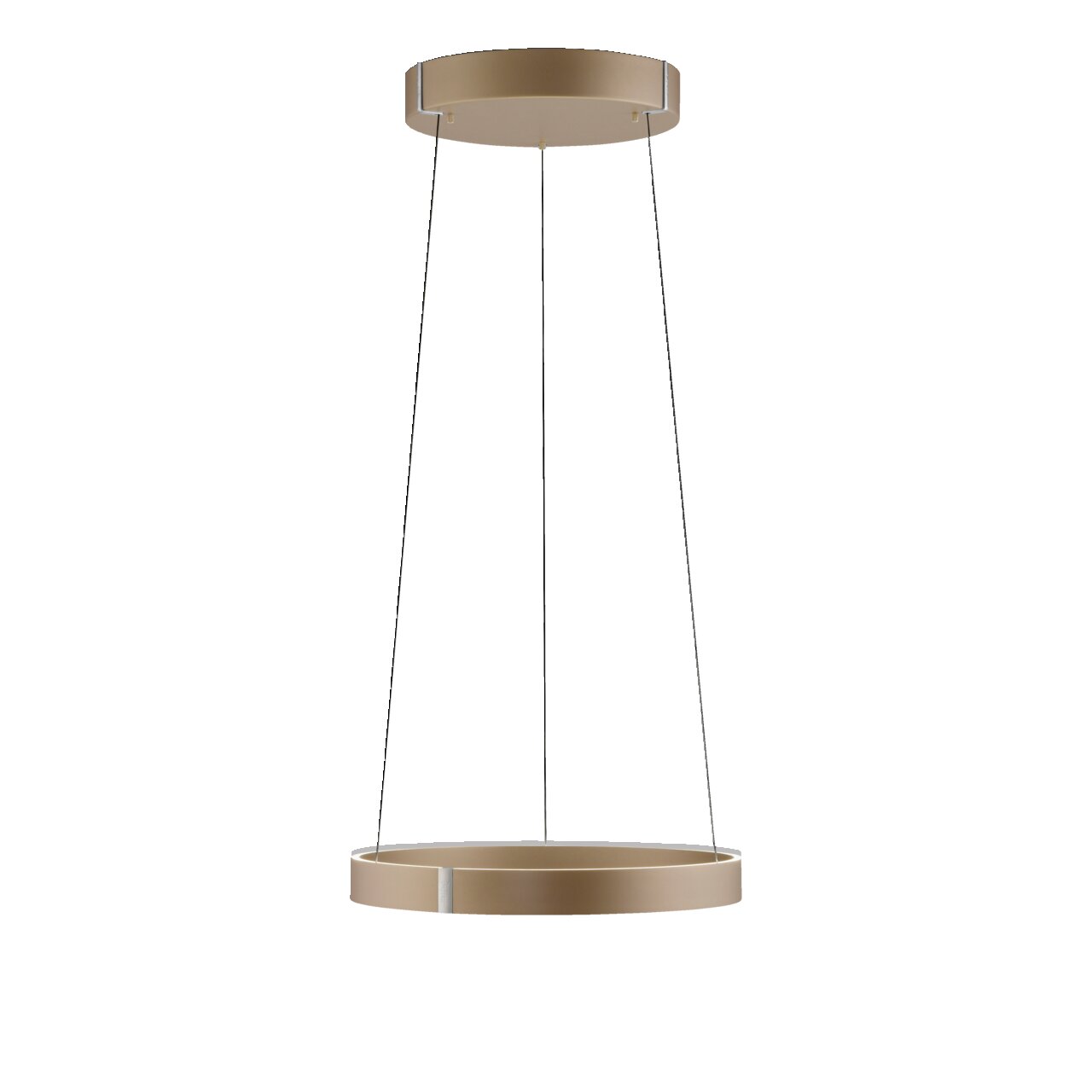 Moderne LED-hanglamp in goudkleur, gezien van onderaf, met een cirkelvormig ontwerp en slanke ophangingen.