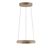 Moderne LED-hanglamp in goudkleur, gezien van onderaf, met een cirkelvormig ontwerp en slanke ophangingen.