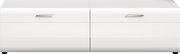 Weißes, modernes Lowboard/TV-Board mit zwei Schubladen und silbernen Griffen, Frontansicht auf weißem Hintergrund