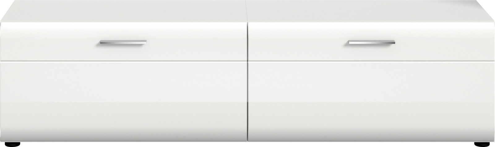 Weißes, modernes Lowboard/TV-Board mit zwei Schubladen und silbernen Griffen, Frontansicht auf weißem Hintergrund