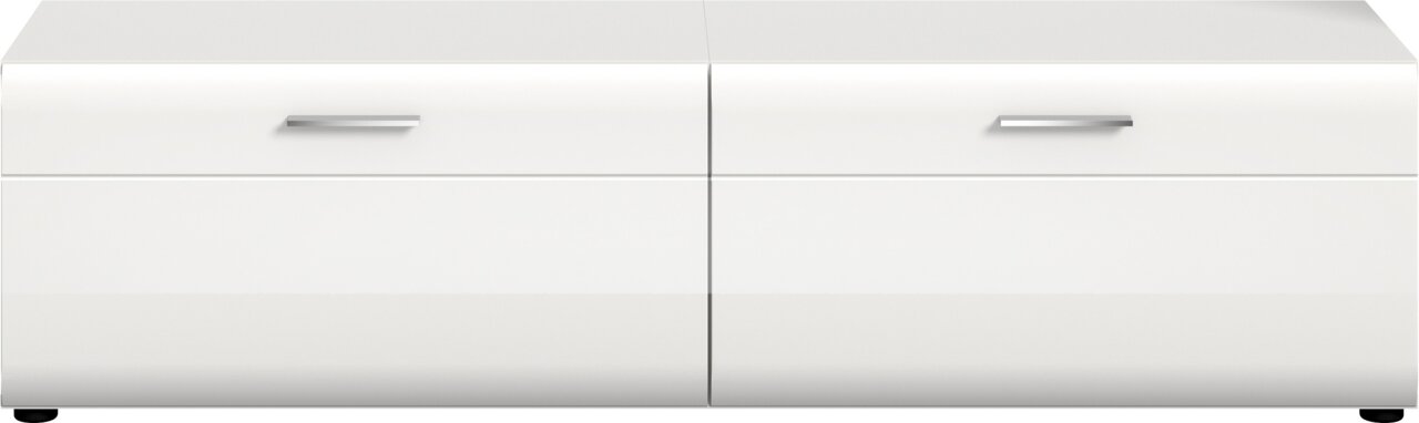 Weißes, modernes Lowboard/TV-Board mit zwei Schubladen und silbernen Griffen, Frontansicht auf weißem Hintergrund