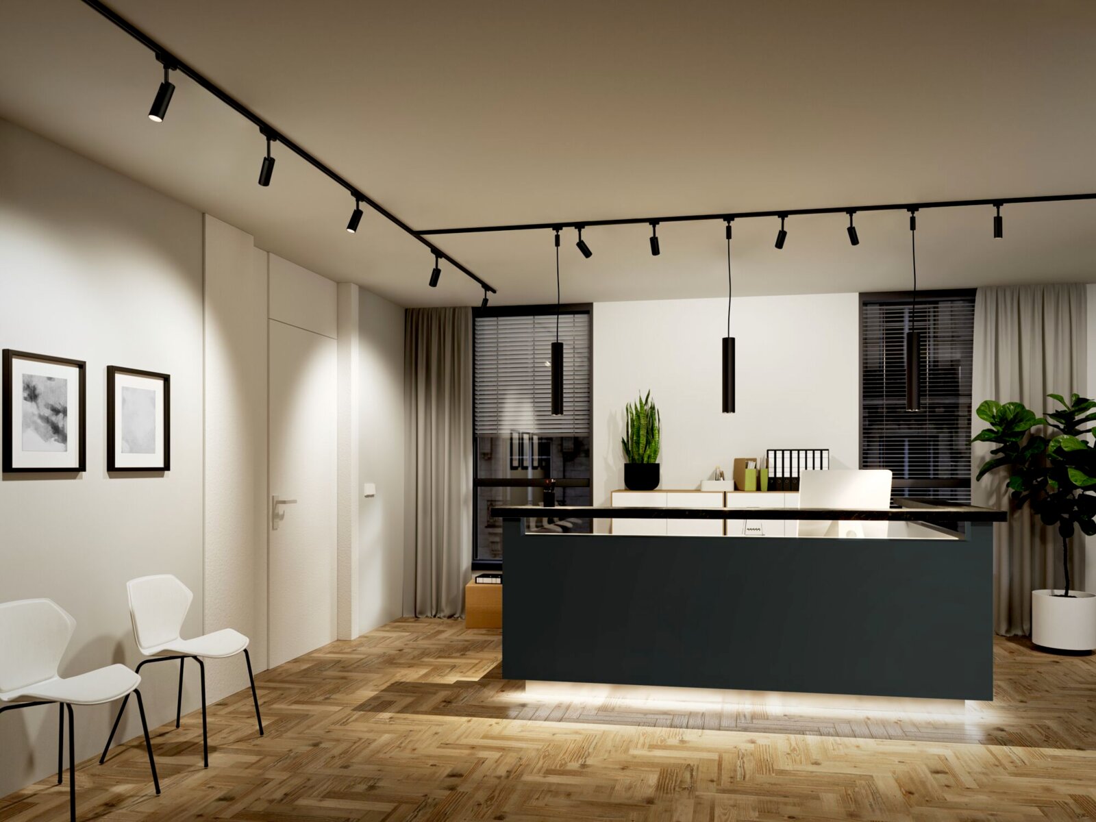 Moderne binnenverlichting met Catalejo-railhanglampen, plafondperspectief, elegant design in een stijlvolle ruimte.