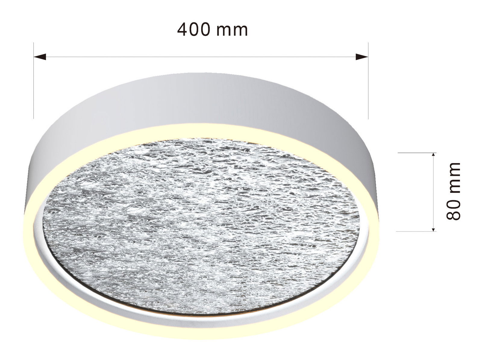 Runde Deckenleuchte Bordeaux von WOFI mit einem Durchmesser von 400 mm und einer Höhe von 80 mm, seitliche Perspektive.